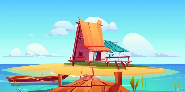 Zeichentrickszene Mit Kleinem Haus Auf Einer Insel Ozeanhafen Vektorillustration Einer — Stockvektor