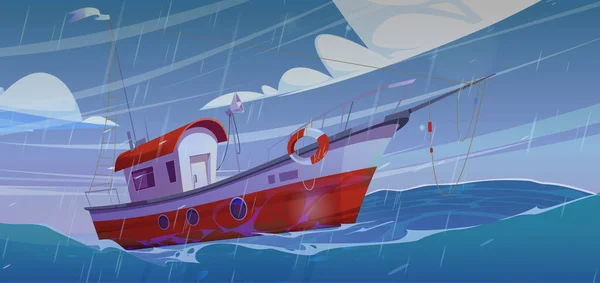 Bateau Moteur Flottant Sur Les Vagues Orageuses Océan Illustration Vectorielle — Image vectorielle