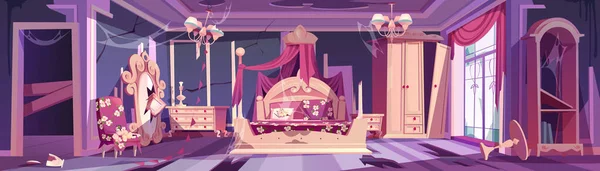 Verlassene Prinzessin Schlafzimmer Zimmer Chaotisch Innenraum Hintergrund Cartoon Vektor Rosa — Stockvektor