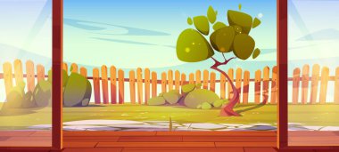 Ahşap verandadaki açık camdan çizgi film manzarası. Evin sundurmasının vektör çizimi, yeşil çimenli ve ağaçlı ev bahçesi, taş patika, mavi gökyüzünün altında ahşap çit. Yaz barbekü alanı