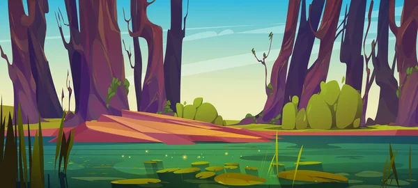 Зеленое Болото Озеро Водным Векторным Фоном Летний Пруд Кустами Парке — стоковый вектор