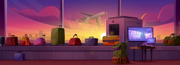 空港荷物コンベアセキュリティベルトベクトル 航空会社ターミナルの漫画イラストのスキャナーマシンでスーツケースの手荷物を確認してください 現代の検出器とモニター付き検査チェックポイントエリア — ストックベクタ