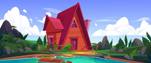湖の海岸にかわいいキャビン 小さな木造の家 ホテルのコテージ 水にログを持つ川 緑の草や茂み ベクトル漫画のイラストと夏の風景 — ストックベクタ