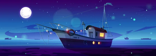 Rajzfilm Jacht Lebeg Éjszakai Tengeren Vektor Illusztráció Kis Halászhajó Megvilágított — Stock Vector