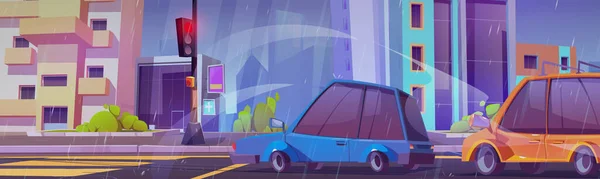 卡通城街道 雨天有车 车辆在红绿灯下 夏季城镇降雨 房屋和人行道上的绿色灌木丛下停在十字路口 城市背景 — 图库矢量图片