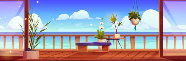 Deniz manzaralı cam pencereyi aç. Daire terasındaki kapı banka, çiçeğe ve mavi okyanus karikatürü deniz manzarasına sahip. Resort out panorama konsept çizimi.