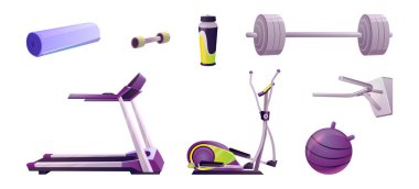Beyaz arka planda fitness kulübü içi için izole egzersiz seti. Koşu bandı, yoga minderi, halter ve spor salonu için eliptik spor malzemeleri. Su şişesi ve tren kasları için alet.