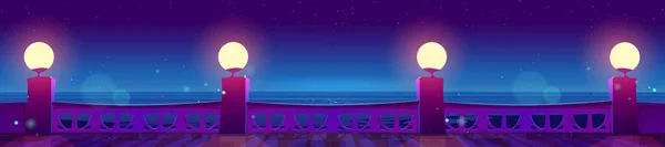 露台卡通片背景的海滨夜景 从地中海酒店阳台外的海洋景观矢量图解 木地板 黄昏时灯下的灯光 — 图库矢量图片