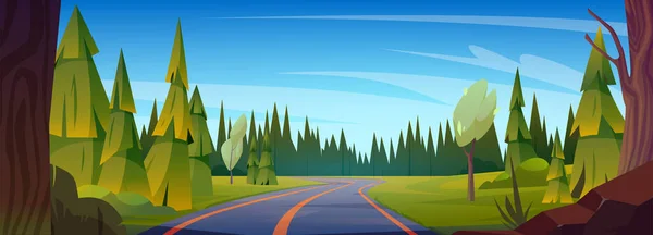 Autostrada Krajobrazie Wektora Lasu Cartoon Road Trip Przez Drzewa Trawy — Wektor stockowy