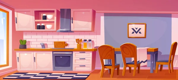 ベクトルでテーブル付きの漫画キッチンインテリア 調理オーブン ストーブ シンクと食器棚付きの家のダイニングルームの背景イラスト 明るいフロントビューで現代的なフラットダイニングコンセプトを空にする — ストックベクタ