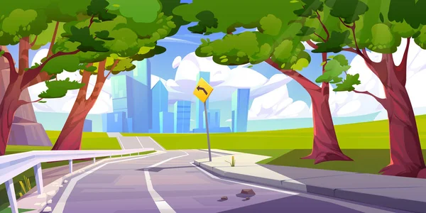 Mountain valley landscape with highway road, forest, trees and green grass. Nature scene with empty asphalt road, fields, city buildings skyline, sign and clouds in sky, vector cartoon illustration