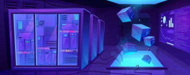 Veri merkezi içi sunucu ekipmanlarıyla dolu. Blockchain donanımlı vektör karikatür çizimi, mavi neon küpler, bilgisayar ekranlarında analitik diyagramlar. Bilgi işleme teknolojisi