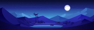 Kumlu çölde kum tepeleri ve vaha gölüyle bir gece. Karanlık vadi manzarasının vektör çizimi, yıldızlar ve dolunayın karanlık gökyüzünde yansıması suya, palmiye ağaçlarına. Macera oyunu arka planı