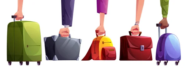 男性と女性の手は白い背景に設定された旅行スーツケースベクトルを保持します ビジネスケースとブリーフケース荷物でハンドル 海外旅行の前に車輪付きの観光アーム保持手荷物のコレクション — ストックベクタ