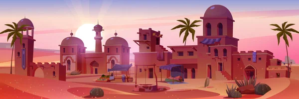 Staré Arabské Město Poušti Při Západu Slunce Vektorové Kreslené Ilustrace — Stockový vektor
