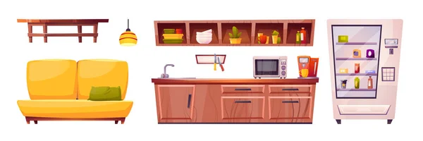工作午餐和休息的办公室休息室 厨房家具 咖啡和自动售货机 橱柜和微波炉 白色背景隔离 病媒卡通集 — 图库矢量图片