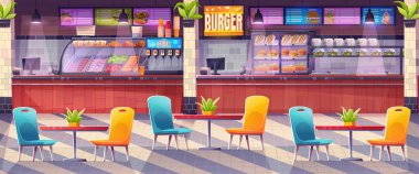 Çizgi film yemek salonu iç tasarımı. Alışveriş merkezindeki renkli sandalyeleri ve masaları olan fast food restoranının vektör çizimi. Sandviçler, burgerler, salatalar, içkiler sergilenecek. Öğle yemeği için atıştırmalıklar