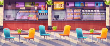 Cartoon food court interior design. Vector illustration of fast food restaurant with colorful chairs and tables in shopping mall. Sandwiches, burgers, salads, drinks on display. Snacks for lunch clipart