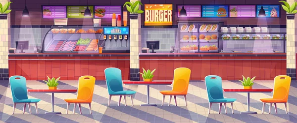 漫画フードコートインテリアデザイン ショッピングモールでカラフルな椅子やテーブルとファーストフードレストランのベクトルイラスト サンドイッチ ハンバーガー サラダ ドリンクが展示されています お昼のお菓子 — ストックベクタ