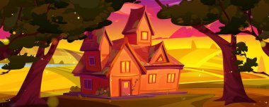 Gün batımında ağaçların ve kırsal alanların yakınındaki evin olduğu karikatür manzarası, vektör arkaplan çizimi. Köy sahnesinde kır evi ve nehir kıyısında tarım arazisi, bulutlu pembe gökyüzü, altın ışık.