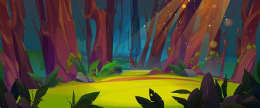 Fantasy Forest Glade çizgi film çizimi. Orman oyun sahnesinde sihirli yaz ormanlık çayırı. Vahşi yaşam yolunda Bokeh ışığı olan gün ışığı noktası. Ağaç saplı mistik doğa duvar kağıdı.