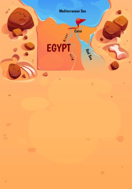 Egypt geographic map with Cairo, Nile, Red and Mediterranean sea, desert. Poster with Egyptian capital location mark, river, bones and copy space, vector cartoon illustration clipart
