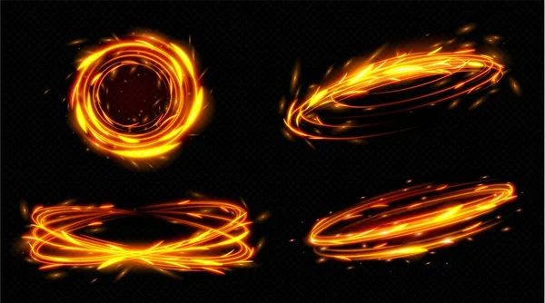 ライトトレイルグロー効果で火のサークル モーションブラーベクトルイラストと絶縁マジックフレアリング パワーとエネルギー明るいオレンジ色のツイルポータル ゲームのための3D速度線の境界資産 — ストックベクタ