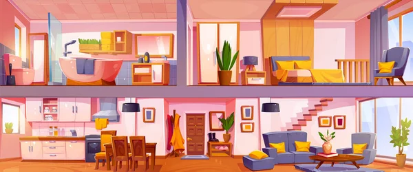 卡通人物室内设计的截面图 带走廊 卧室和浴室以及家具 设备和家居装饰的舒适两层公寓的矢量图 — 图库矢量图片
