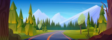 Çizgi film dağ otoyolu. Asfalt yolun, orman ağaçlarının ve yeşil çimenlerin vektör çizimi, zirvelerinde buzullar olan yüksek Alp kayaları, berrak mavi gökyüzü. Güzel manzara. Seyahat macerası