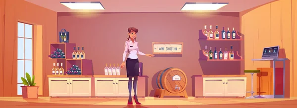 Weinladen Interieur Mit Frau Sommelier Cartoon Illustration Alkoholspeicher Vektor Hintergrund — Stockvektor