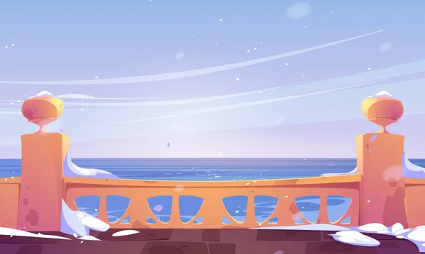 酒店露台空旷 大海蓝天映衬 冬季矢量背景的印度宫殿阳台与雪和海洋景观 古天井上的栏杆上下着雪 巴洛克休息厅设计 — 图库矢量图片