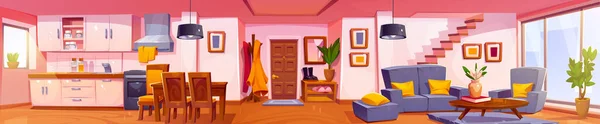 Innenausstattung Mit Küche Und Wohnzimmer Cartoon Vektor Haus Möbel Design — Stockvektor