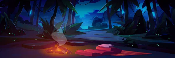 Νυχτερινό Ξέφωτο Φωτιά Διάνυσμα Απεικόνιση Του Σκούρο Τροπικό Δάσος Lianas — Διανυσματικό Αρχείο