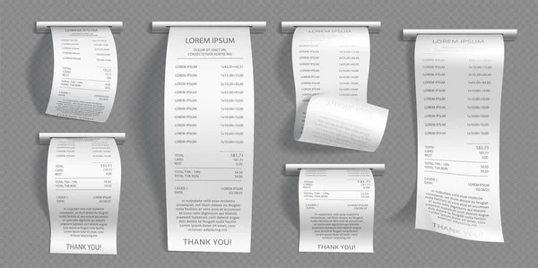 Realistisk Uppsättning Butikskvitton Isolerade Transparent Bakgrund Vektor Illustration Kontanter Papper — Stock vektor