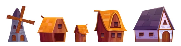 孤立的中世纪村舍 谷仓和磨坊向量集 卡通老砖楼外墙 为农场或农村游戏展示空间 木制风车和郊区村舍立面 — 图库矢量图片