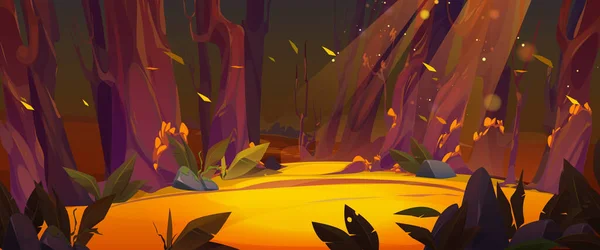幻想森林冰雹卡通人物插图 神奇的秋天森林草地在丛林游戏场景 野生动植物路径上有黄昏时分的太阳黑子 神秘的自然会掉到树梢的墙纸上 — 图库矢量图片