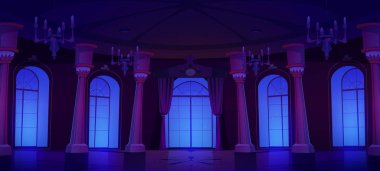 Gece balosu iç dizaynı. Büyük pencereli karanlık kraliyet sarayının temsilcisi, gece yarısı gökyüzünde bir sürü yıldız, sofistike zemin, mermer sütunlar, altın avizeler. Klasik müze galerisi