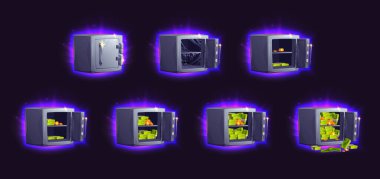 Siyah arka planda izole edilmiş para dolu çizgi film kutuları. Kapalı kapısı olan neon parlayan metal kasanın vektör çizimi, içinde altın para ve para dolu örümcek ağı. Banka dolabı