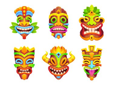 Tiki maskeli Afrikalı totem kabile karikatür ikon vektörü seti. Beyaz arka planda Hawaii ahşap heykeli. Tropikal yaz partisi ya da ayin için izole edilmiş Meksikalı savaşçı sembolleri koleksiyonu. Maya yüz çizimi