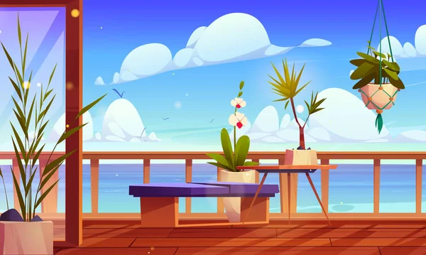 Beach House Balcony Mediterranean Seascape View Vector Cartoon Illustration Beautiful — Stock Vector