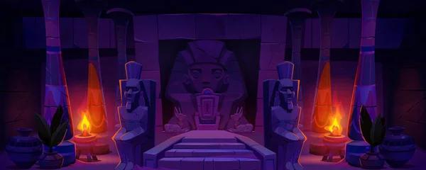 古埃及法老王座神庙卡通人物背景 埃及神拉雕塑在宫殿大厅与楼梯建造游戏插图 殖民者对称神话内部 — 图库矢量图片