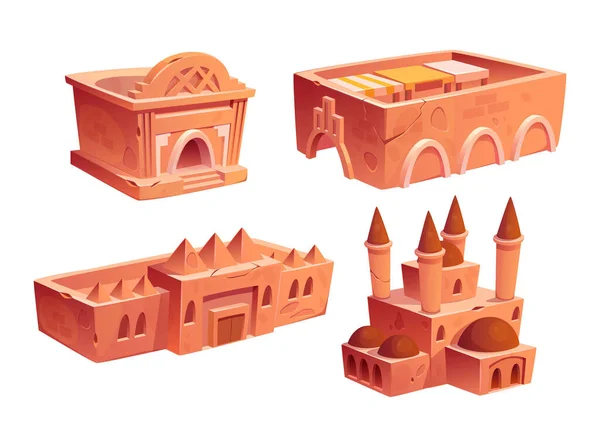 古埃及的矢量建筑设置了宫殿和堡垒 古老的迪拜等量石屋卡通画 独立的Arab架构用于游戏的资产集合 非洲家园外部 — 图库矢量图片