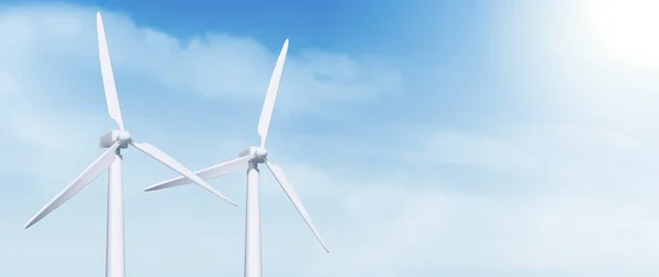 3D白色风力涡轮机在天空背景 风车站创建代用能源横幅业务理念 切实可行的可再生能源可持续发电广告牌布局 — 图库矢量图片