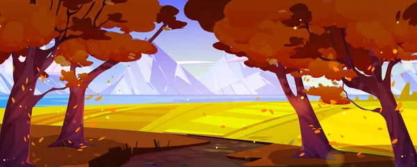 Mountain valley autumn landscape with sandy road, forest, orange trees and fields. Nature scene with empty path and river, rocks on skyline, clouds in blue sky, vector cartoon illustration