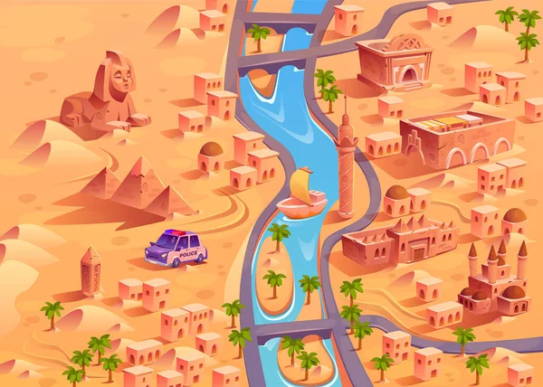Wüstenstadt Mit Fluss Und Pyramiden Vektor Illustration Von Polizeiwagen Patrouilliert — Stockvektor