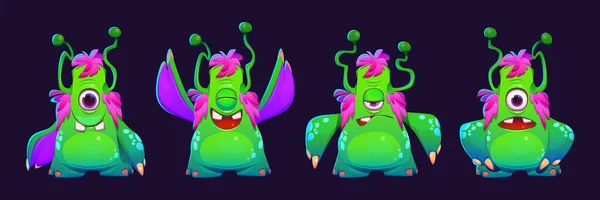 Green cyclope monster emotions set. Vector cartoon illustration of neon color alien creature with antennas on head and funny belly isolated on black background. Happy, laughing, angry, scared face