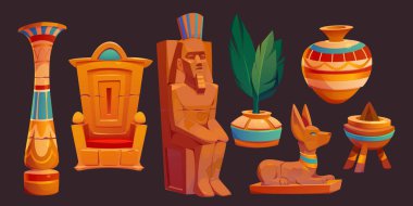 Ancient Egyptian god and pharaoh statues, throne, vase and column for palace, temple or tomb. Pyramid interior objects, sculpture of pharaoh and anubis, vector cartoon set clipart