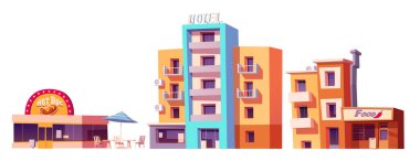 Miami Caddesi, Florida 'dan binalar. Beyaz arka planda izole edilmiş yemek dükkanı olan Amerikan kenti klasik otel, restoran ve evi, vektör karikatür çizimi