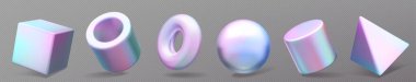 Üç boyutlu soyut geometrik hologram şekil oluşturma vektörü. Gerçekçi izole küp, küre ve donut holografik form seti. Fütürist asgari parlak simge koleksiyonu. Çoklu renkli torus ve silindir
