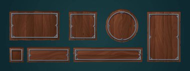 Oyun tasarımı için metal çerçeveli ahşap plakalar. Ortaçağ demir kenarlı ahşap işaretler, paneller ve tahtalar farklı şekillerde, arka planda izole edilmiş vektör karikatürü